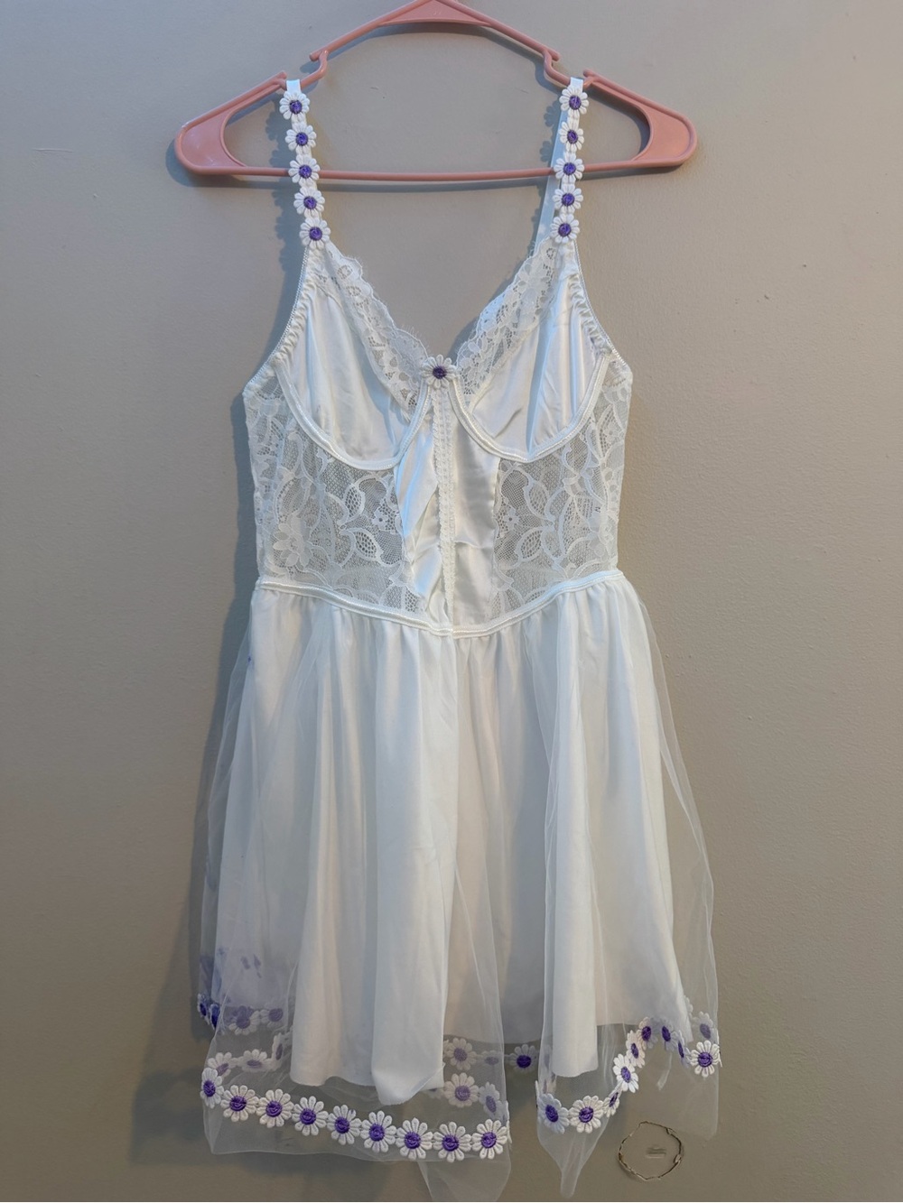Delicate White Lace & Mesh Nightdress with Purple Floral Accents